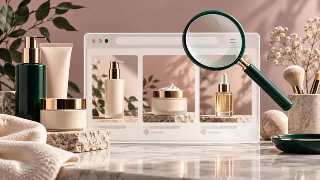 Unbranded beauty products and a magnifying glass illustrating an ecommerce SEO audit