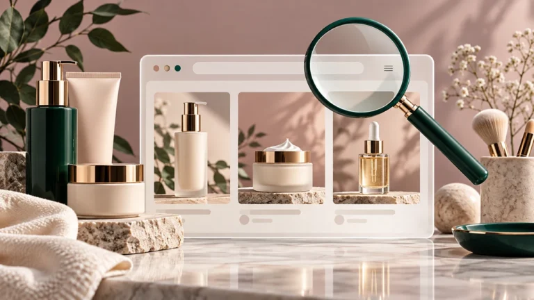 Unbranded beauty products and a magnifying glass illustrating an ecommerce SEO audit