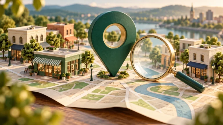 Miniature neighborhood, map pin and magnifying glass illustrating local search