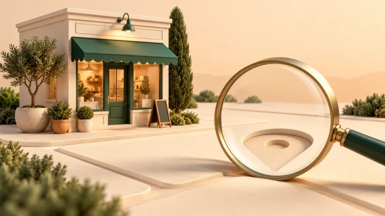 Storefront and magnifying glass examining a missing map pin