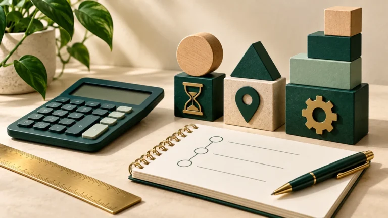 SEO project pricing: calculator, notebook and planning blocks